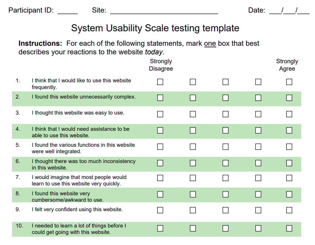 System Usability Scale testing template