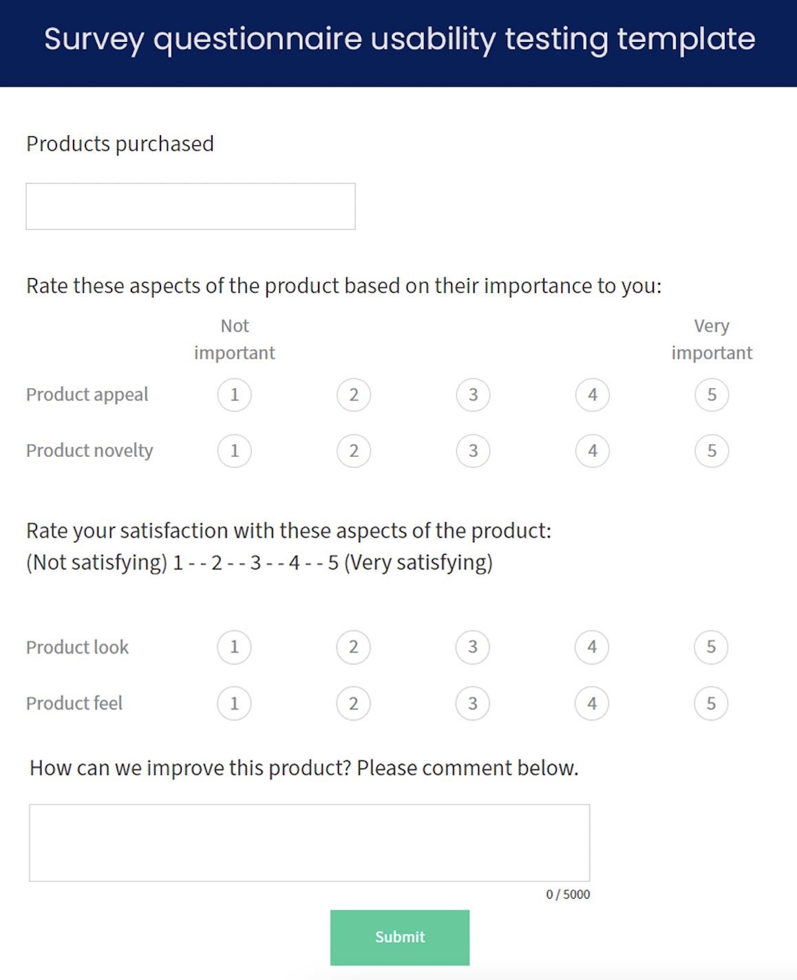 Survey questionnaire usability testing template